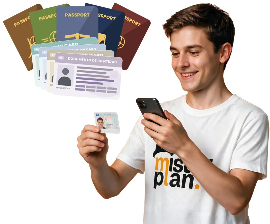 Huésped escaneando su DNI con el móvil, con pasaportes y documentos de identidad que la app lee en el check-in