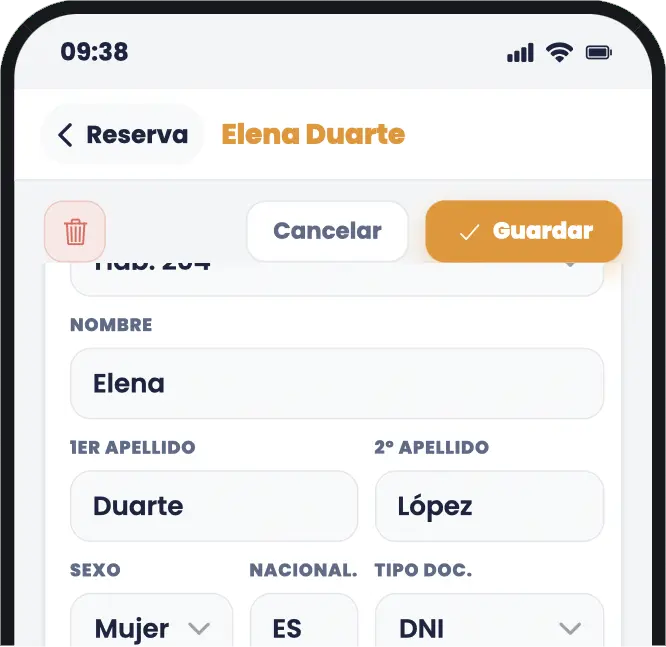 Ficha de huésped rellenada con los datos del documento