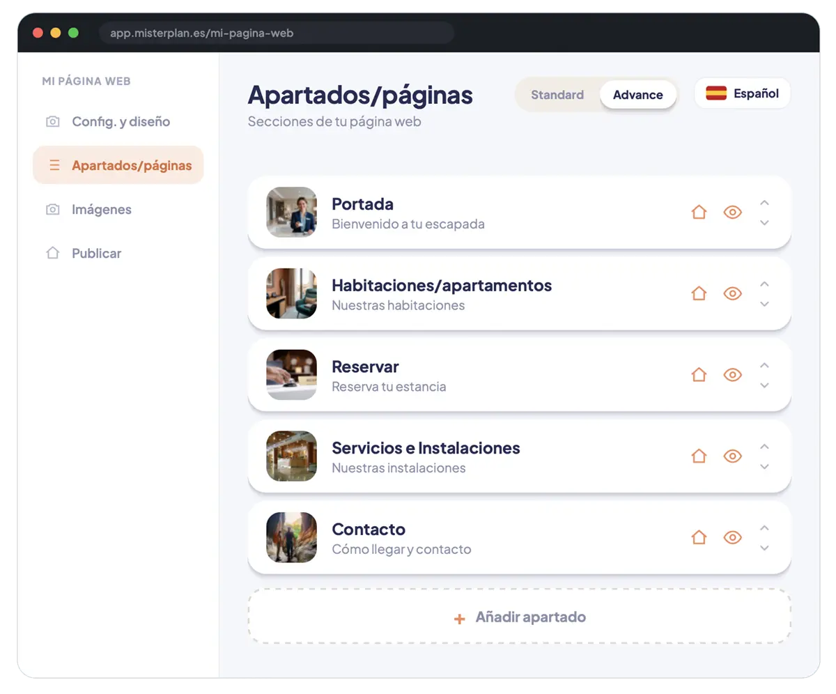 Editor Mi página web: apartados, imágenes, idioma y modo Standard o Advance